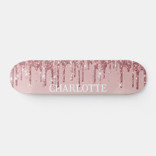 Roze glitterdruppels persoonlijk skateboard (Horizontaal)