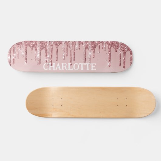 Roze glitterdruppels persoonlijk skateboard (Horizontaal)
