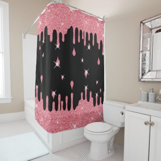 Roze glittereffect & spaarpjes douchegordijn (In situ)