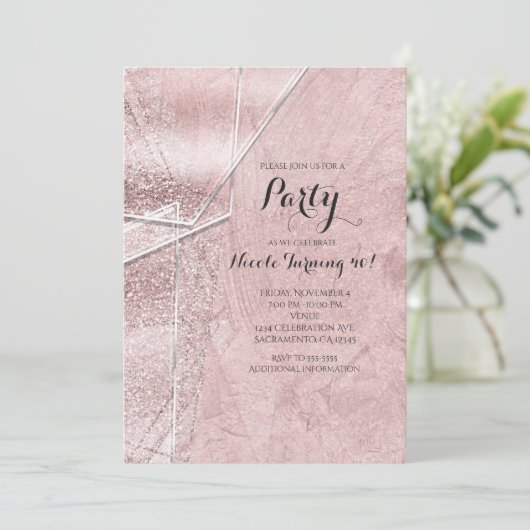 Roze Glitterende Kristallen Glas Glam Party Uitnod Kaart (Staand voorkant)