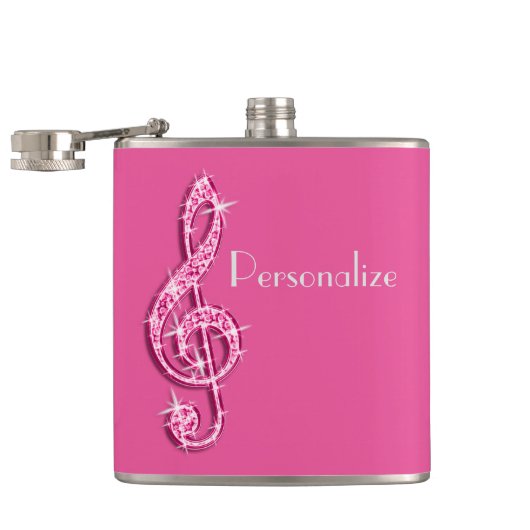 Roze Glitterende Sparkly Muzieknoten Heupfles (Geopend)