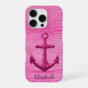 Roze Glitterende Zeevaart Anker Naam iPhone 16 Pro Hoesje