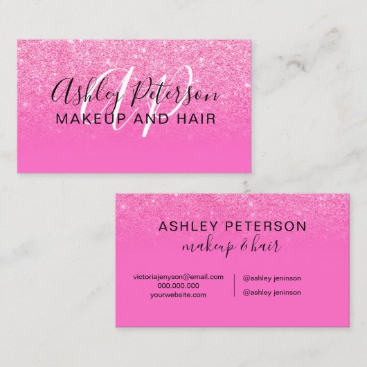 Roze glittergradiënt neon monogram make-up haar visitekaartje (Voorkant / Achterkant)