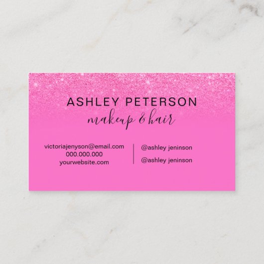 Roze glittergradiënt neon monogram make-up haar visitekaartje (Achterkant)