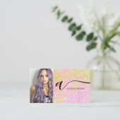 Roze glitterhaar make-up foto initiaal qr code visitekaartje (Staand voorkant)
