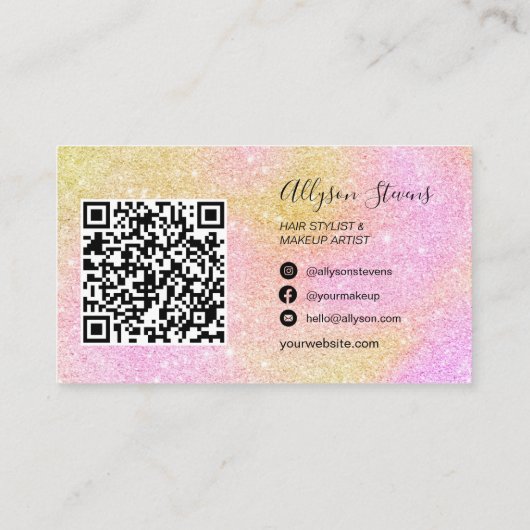 Roze glitterhaar make-up foto initiaal qr code visitekaartje (Achterkant)