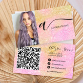 Roze glitterhaar make-up foto initiaal qr code visitekaartje