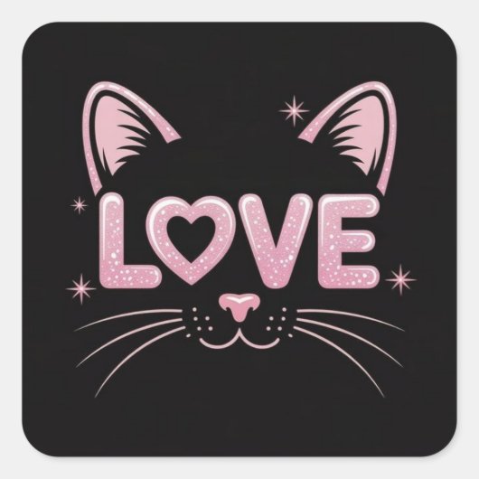 Roze Glitterkat Vierkante Sticker (Voorkant)