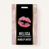 Roze glitterlips en Roos Gold tropische bladeren Badge (Voorkant)