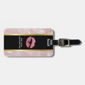 Roze glitterlips en Roos Gold tropische bladeren Bagagelabel (Voorkant horizontaal)