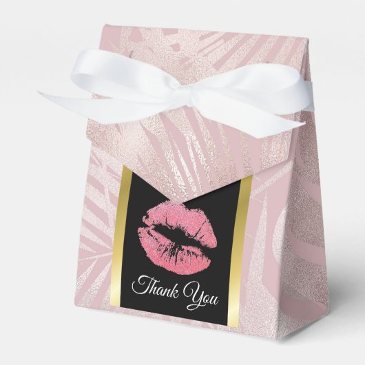 Roze glitterlips en Roos Gold tropische bladeren Bedankdoosjes (Voorkant Zijde)