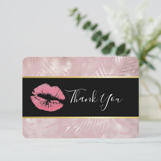 Roze glitterlips en Roos Gold tropische bladeren Bedankkaart (Staand voorkant)