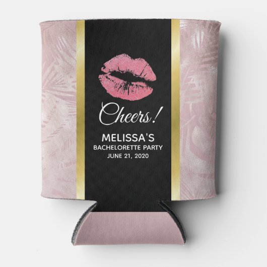 Roze glitterlips en Roos Gold tropische bladeren Blikjeskoeler (Voorkant)