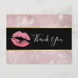 Roze glitterlips en Roos Gold tropische bladeren Briefkaart