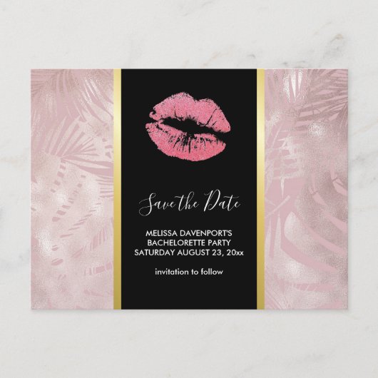 Roze glitterlips en Roos Gold tropische bladeren Briefkaart (Voorkant)