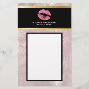 Roze glitterlips en Roos Gold tropische bladeren Briefpapier