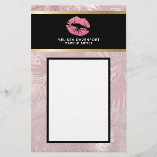 Roze glitterlips en Roos Gold tropische bladeren Briefpapier (Voorkant)