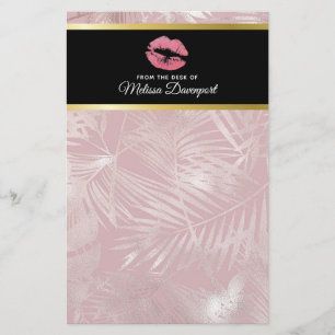 Roze glitterlips en Roos Gold tropische bladeren Briefpapier