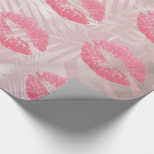Roze glitterlips en Roos Gold tropische bladeren Cadeaupapier (Hoek)