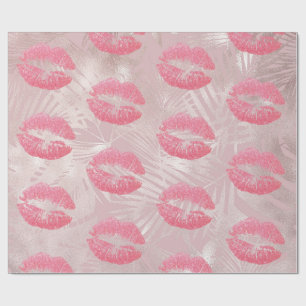 Roze glitterlips en Roos Gold tropische bladeren Cadeaupapier