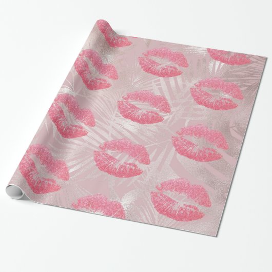 Roze glitterlips en Roos Gold tropische bladeren Cadeaupapier (Uitgerold)