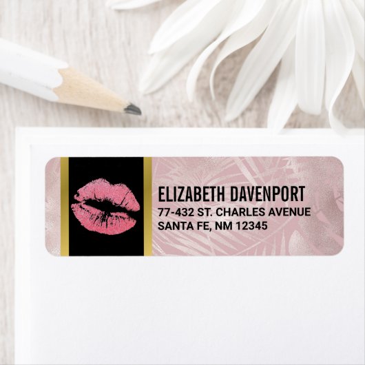 Roze glitterlips en Roos Gold tropische bladeren Etiket (Insitu)