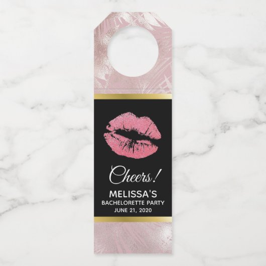 Roze glitterlips en Roos Gold tropische bladeren Flessenhanger (Voorkant)