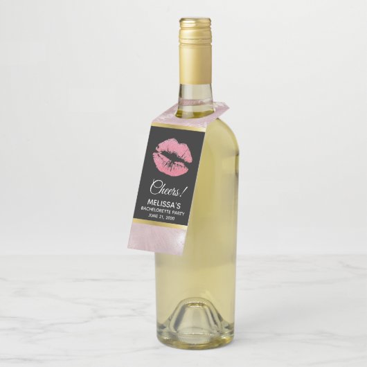 Roze glitterlips en Roos Gold tropische bladeren Flessenhanger (Schuin)