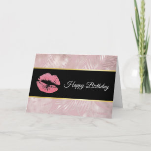 Roze glitterlips en Roos Gold tropische bladeren Kaart