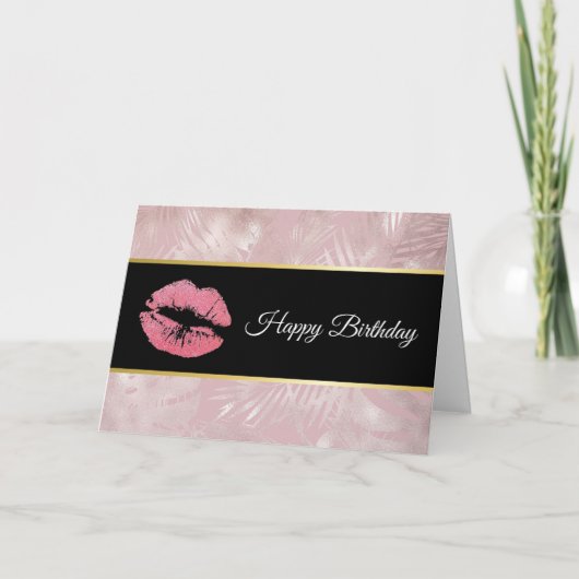 Roze glitterlips en Roos Gold tropische bladeren Kaart (Voorkant)