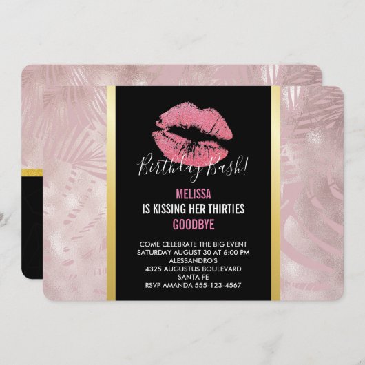 Roze glitterlips en Roos Gold tropische bladeren Kaart (Voorkant / Achterkant)