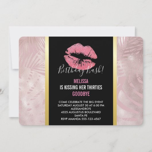 Roze glitterlips en Roos Gold tropische bladeren Kaart (Voorkant)
