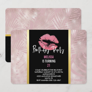 Roze glitterlips en Roos Gold tropische bladeren Kaart