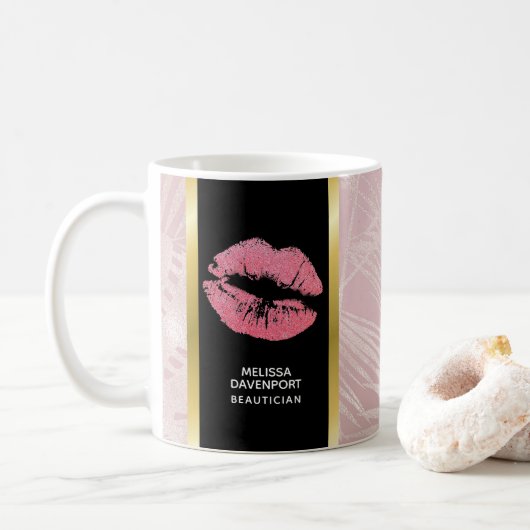 Roze glitterlips en Roos Gold tropische bladeren Koffiemok (Met donut)