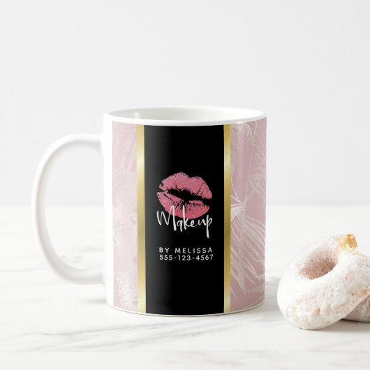 Roze glitterlips en Roos Gold tropische bladeren Koffiemok (Met donut)