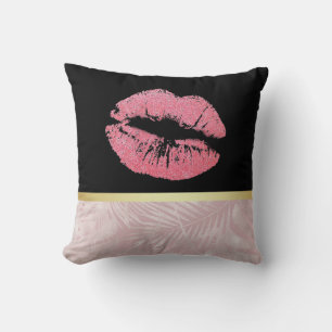 Roze glitterlips en Roos Gold tropische bladeren Kussen