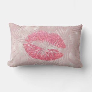 Roze glitterlips en Roos Gold tropische bladeren Kussen