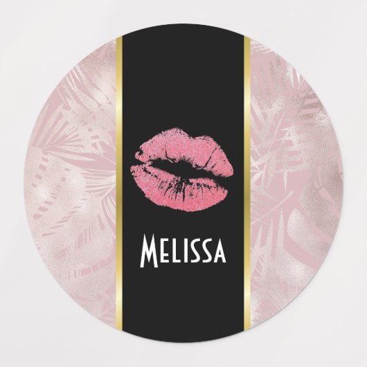 Roze glitterlips en Roos Gold tropische bladeren Labels (Design 2)