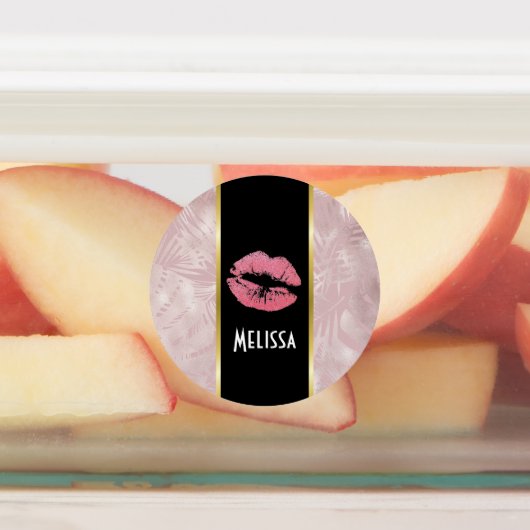 Roze glitterlips en Roos Gold tropische bladeren Labels (Aangebracht)