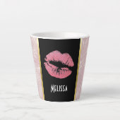 Roze glitterlips en Roos Gold tropische bladeren Latte Mok (Voorkant)
