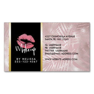 Roze glitterlips en Roos Gold tropische bladeren Magnetisch Visitekaartje