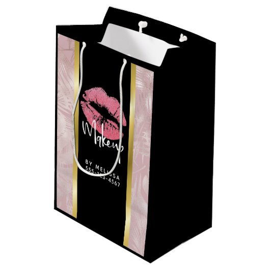 Roze glitterlips en Roos Gold tropische bladeren Medium Cadeauzakje (Achterkant Gekanteld)