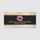 Roze glitterlips en Roos Gold tropische bladeren Naamplaatje (Voorkant)