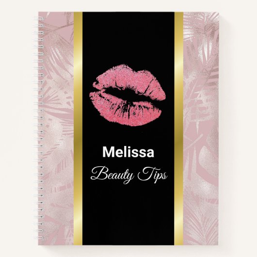 Roze glitterlips en Roos Gold tropische bladeren Notitieboek (Voorkant)
