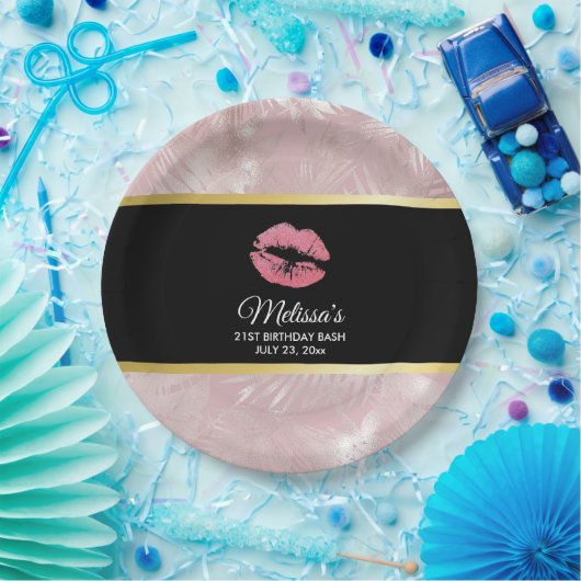 Roze glitterlips en Roos Gold tropische bladeren Papieren Bordje (Feest)