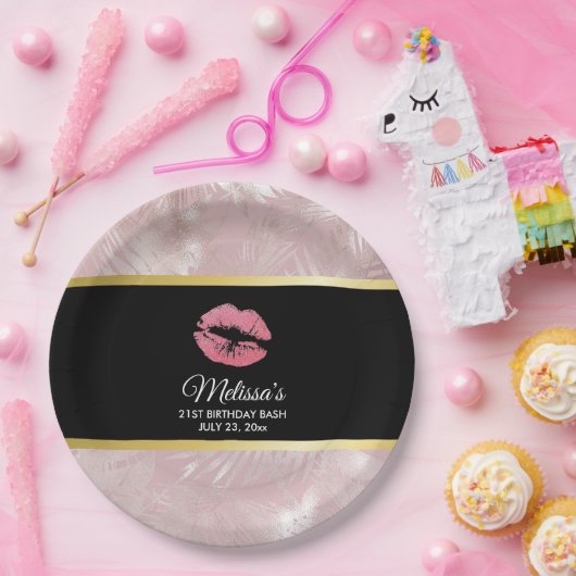 Roze glitterlips en Roos Gold tropische bladeren Papieren Bordje (Feest)