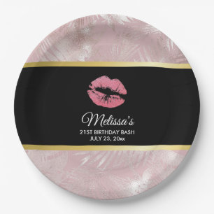 Roze glitterlips en Roos Gold tropische bladeren Papieren Bordje