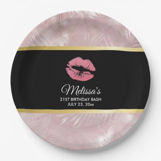 Roze glitterlips en Roos Gold tropische bladeren Papieren Bordje (Voorkant)