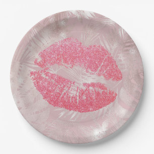 Roze glitterlips en Roos Gold tropische bladeren Papieren Bordje