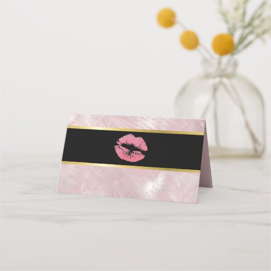 Roze glitterlips en Roos Gold tropische bladeren Plaatskaartje (Voorkant)